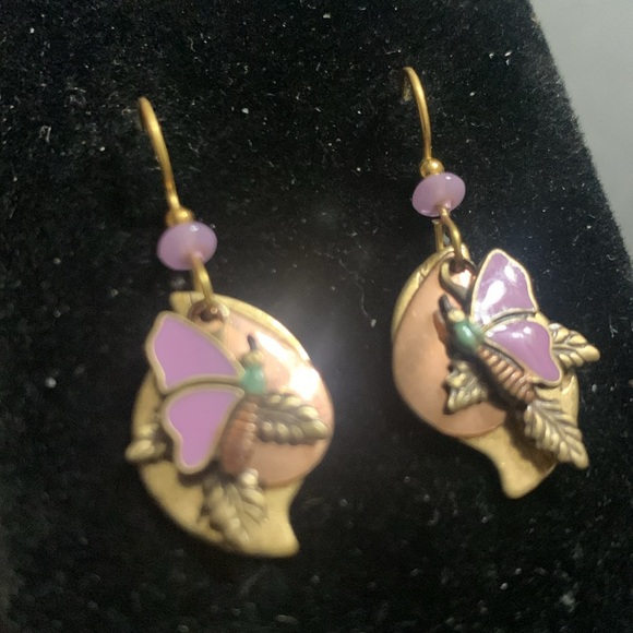 Triple layered Purple Enamel Butterfly Copper & Brass earrings - Picture 2 of 4